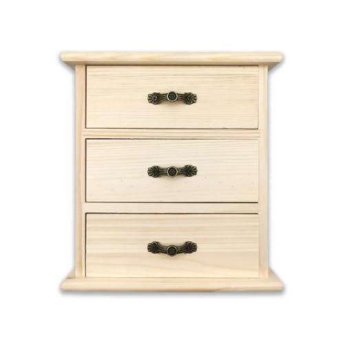 2-Pack Unfinished Solid Pine Wood Box with 3 Mini Drawers, Blank Natural Wooden Jewelry Organizer, Paintable and Carvable Storage Box for Arts, Crafts and DIY Projects