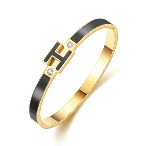 Gold Bracelets for Women, H Bangle Bracelet, Dainty 18K Gold Plated Stainless Steel Enamel Bracelet for Everyday, Work, Party, Stackable Gift for Mom, Wife, Girlfriend - color: Black