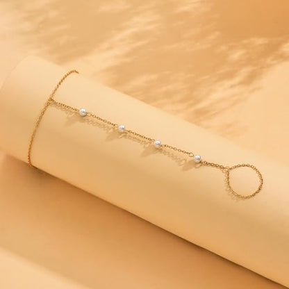 Dainty Gold Adjustable Barefoot Anklet Jewelry for Vacation Wear - color: 4 Pearls-GD