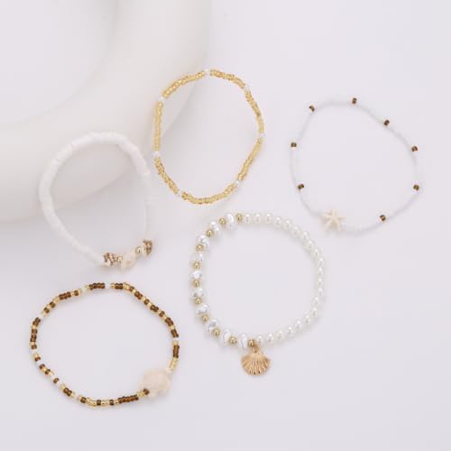 Beaded Anklet Bracelets For Women Waterproof Gold Anklets Jewelry Set Stack | non tarnish free pearl puka seashell beach boho stretchy anklet for summer dainty and tewiky gold plated - color: Pearl Shell