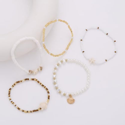 Beaded Anklet Bracelets For Women Waterproof Gold Anklets Jewelry Set Stack | non tarnish free pearl puka seashell beach boho stretchy anklet for summer dainty and tewiky gold plated - color: Pearl Shell