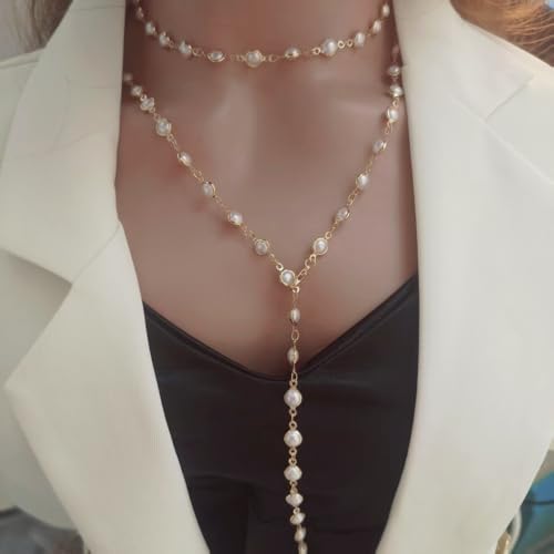 Colorful Crystal Long Necklace for Women Dainty Boho Y-Shaped Color Bead Necklaces Sparkly Rhinestone Pendant Layered Gold Long Chain Choker Good Luck Trend Jewelry Gift Jewelry - color: Double Layer Pearl Silver