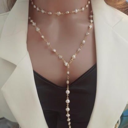 Colorful Crystal Long Necklace for Women Dainty Boho Y-Shaped Color Bead Necklaces Sparkly Rhinestone Pendant Layered Gold Long Chain Choker Good Luck Trend Jewelry Gift Jewelry - color: Double Layer Pearl Silver