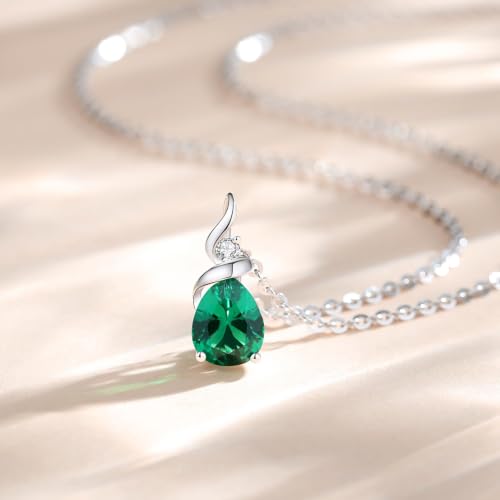 FANCIME 14K Solid White Gold Birthstone Pendant Necklace for Women with Diamond Pear Shaped Teardrop Necklace Birthday Gifts for Mom Women,Sterling Silver Chain 16" + 2" Extender - color: 05-Emerald