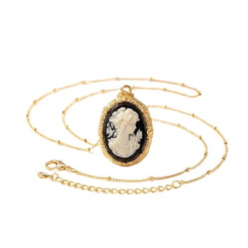 Gold-Plated Victorian Necklace - Vintage Cameo Pendant with Amber Background - Classic Bead Chain Design - Gift Box Included - color: Black