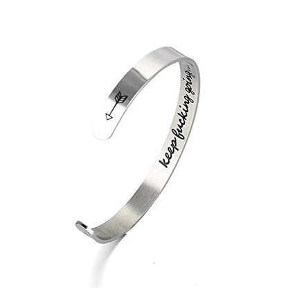 Inspirational Open Bracelet Cuff for Women Men Engraved Keep Fucking Going Bracelet Bangle Stainless Steel Arrow Bracelet Fashion Wristband Jewelry - color: B:Silver/Keep Fucking Going
