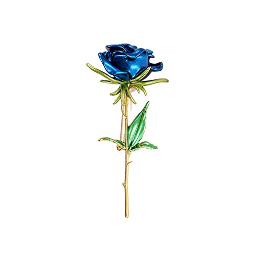 Enamel Rose Flower Brooch Pin for Women Girls Men Alloy Fashion Gold Green Leaf Blossom Brooches Lapel Pins Dainty Dress Accessories Jewelry Boutonniere Corsage for Hat Bag Suit Tie Wedding Birthday Anniversary Father(Blue)