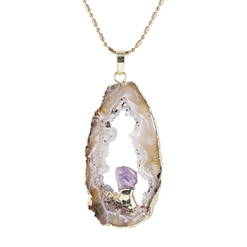 TUMBEELLUWA Natural Agate Pendant Necklace Druzy Slice Jewelry for Women | Agate Geode Necklace, 22.83" Stainless Steel Chain, Chakra Reiki Healing Crystal Jewelry, Crystal Lover Gift