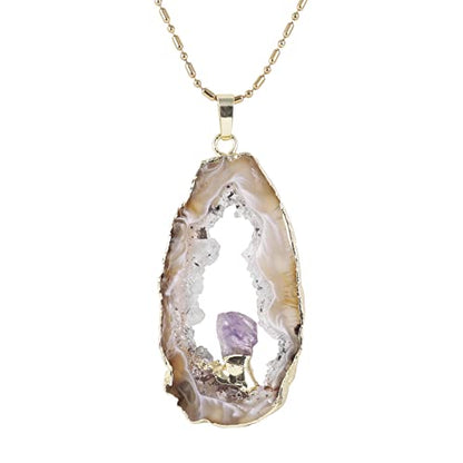 TUMBEELLUWA Natural Agate Pendant Necklace Druzy Slice Jewelry for Women | Agate Geode Necklace, 22.83" Stainless Steel Chain, Chakra Reiki Healing Crystal Jewelry, Crystal Lover Gift