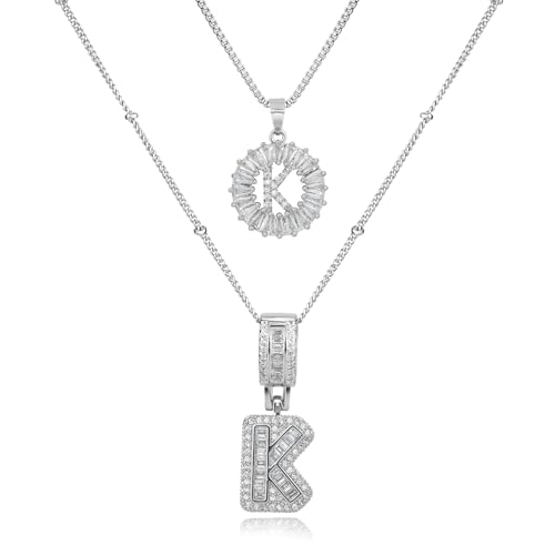 14K Gold Plated Alphabet Necklace Cubic Zirconia Letter Pendant, Personalized Name Jewelry Gift for Women, Customizable A-Z, Birthday/Mothers Day Gifts for Womens - color: White Gold, style: Style-K