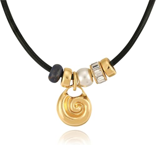Statement Cord Rope Necklace - Chunky Blue Heart/Gold Shell/Pearl Charm Necklace, Natural Stone Zirconia Pendant Necklace for Women, Summer Beach Jewelry Vacation Holiday Birthday Gifts - color: Golden Shell