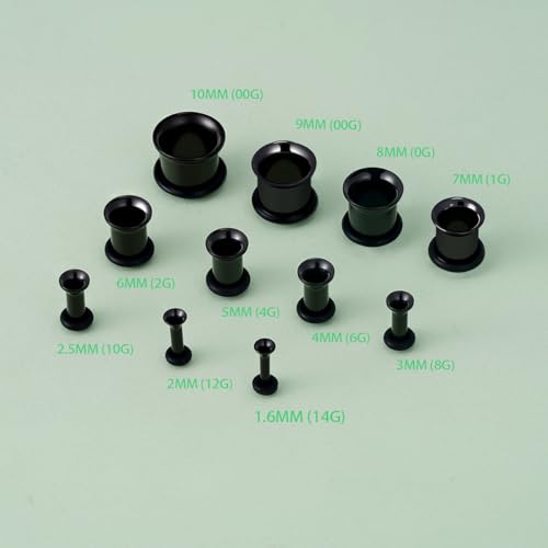 TBOSEN Precise Dimensions Stainless Steel Set Double|Single Flare Tunnel Screw Gauge Ear Expander Stretching Kit Piercing Mixed Size - color: Black-Single Flare, size: 1.6-10mm(14G-00G)