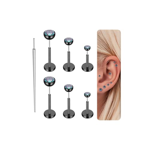 Gotumo 16G 18G 20G Flat Back Earrings Stud Titanium Threadless Nose Rings Tragus Labret Cartilage Lip Medusa Conch Body Piercing Jewelry Hypoallergenic for Women Men - color: Black, size: 20G Bar 5/6/7mm & CZ 2/3/4mm