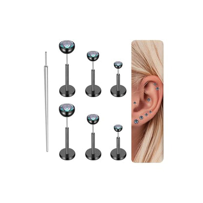 Gotumo 16G 18G 20G Flat Back Earrings Stud Titanium Threadless Nose Rings Tragus Labret Cartilage Lip Medusa Conch Body Piercing Jewelry Hypoallergenic for Women Men - color: Black, size: 20G Bar 5/6/7mm & CZ 2/3/4mm