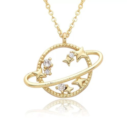 Planet Necklace for Women Gold-Plated Adorned with Saturn Earth Moon and Star Pendants Paired with a Medallion Pendant and Paperclip Chain Choker Adjustable Chain Length Jewelry Gift for Birthdays Dances and Parties - style: Planet