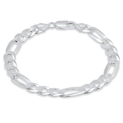 Aka Gioielli - Solid 925 Sterling Silver 9mm Diamond-Cut Figaro Link Chain - Bracelet for Men - Made in Italy