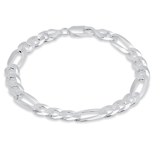 Aka Gioielli - Solid 925 Sterling Silver 9mm Diamond-Cut Figaro Link Chain - Bracelet for Men - Made in Italy