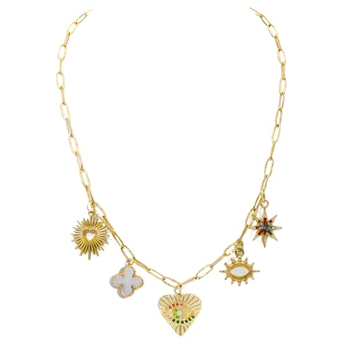 JNF Cute Shell Conch Boho Charm Necklace for Women Sun Moon Star Coin Heart Flower Boot Bow Charms Necklaces Summer Beach Jewelry - color: rhinestone heart star necklace