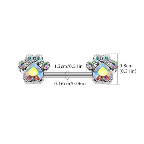 14G Colorful CZ Paw Nipple Rings for Women 316L Stainless Steel Cubic Zirconia Paw Print Nipple Piercing Barbell Nipple Shield Studs Cute Body Piercing Jewelry