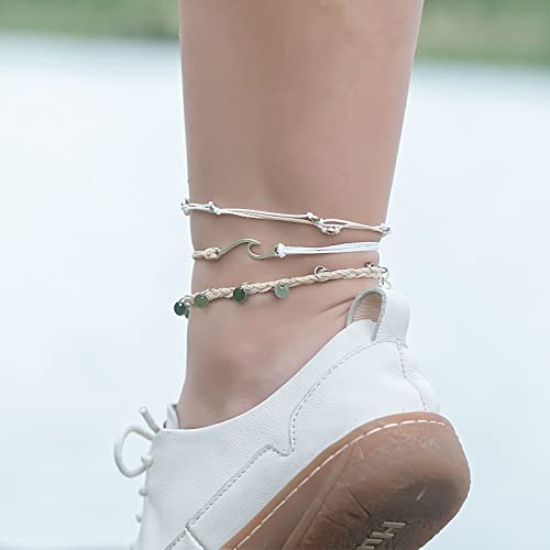 Waterproof String Anklets Cute Beaded Ankle Bracelets Beach Wave Anklet Stainless Steel Coin Boho Ankle Jewelry for Women - color: Wheat