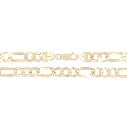 14K Gold or Rhodium Plated Silver Figaro Diamond Cut Pave Chain For Men | 1mm-13mm Thick | Solid 925 Figaro Italian Necklaces For Men - style: 7.50MM- Yellow