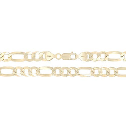 14K Gold or Rhodium Plated Silver Figaro Diamond Cut Pave Chain For Men | 1mm-13mm Thick | Solid 925 Figaro Italian Necklaces For Men - style: 7.50MM- Yellow