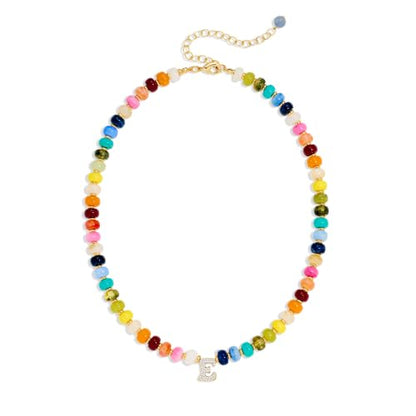 Colorful Beaded Initial Necklace for Women - Colorful Letter A-Z Necklaces, 14K Gold Plated Zirconia Bubble Letter Charm, Women Gold Jewelry Personalized Birthday Gifts - color: E
