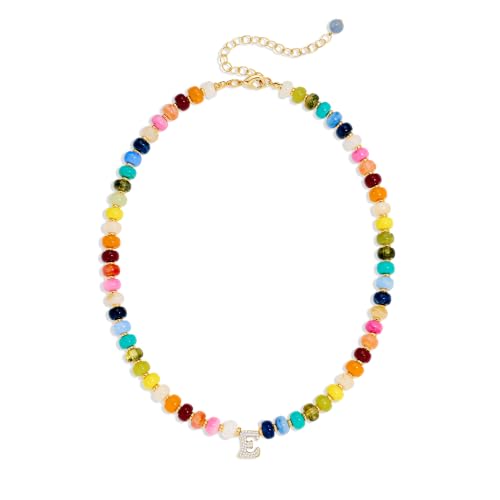 Colorful Beaded Initial Necklace for Women - Colorful Letter A-Z Necklaces, 14K Gold Plated Zirconia Bubble Letter Charm, Women Gold Jewelry Personalized Birthday Gifts - color: E