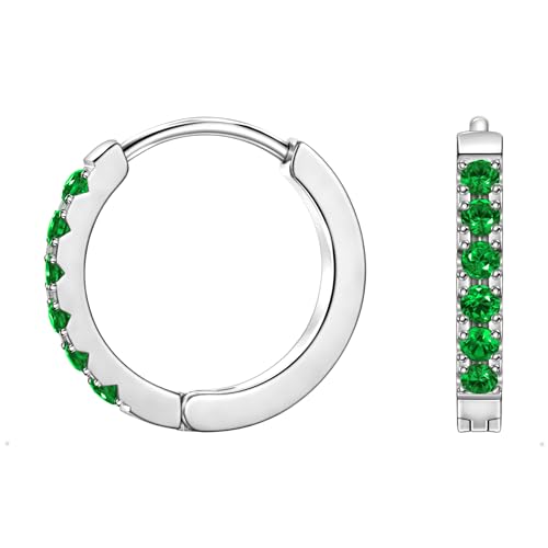 Birthstone Huggie Hoop Earrings for Women, Cubic Zirconia Small Hoops | 316L Surgical Steel, 18K Gold or Silver, 6-10mm, Hypoallergenic Waterproof, Cartilage Piercing, Birthday Gift - color: 05 MAY. Emerald - Silver, size: 10mm