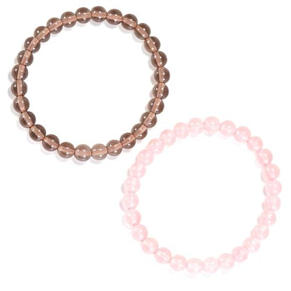 2PCS Agate Bracelet for Women Men Natural Round Beaded Agates Stone Healing Stretch Bracelets Elastic Handmade Polished Gemstone Beads Bracelet - color: Grey+Pink Quartz, size: 6mm Beads