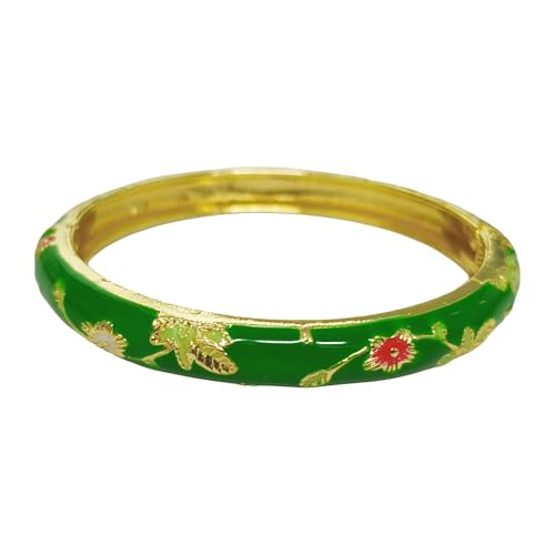 Cloisonne Bracelet For Women, Chunky Bangle Trendy Cute Flower Enamel Bangles Multi Tone Engraved Cuff Gold Plated Bracelets Stackable Wife Jewelry Friendship Gift - color: Emerald Green