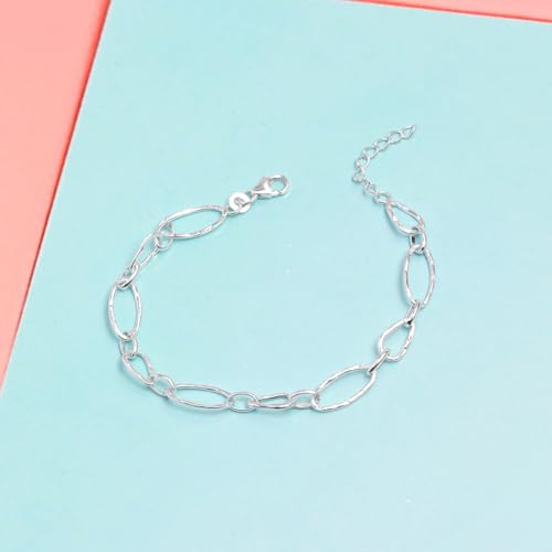 LeCalla 925 Sterling Silver Hammered Link Bracelets for Women | Handmade Bohemian Textured Chain & Oval Link Bracelet | Women's Adjustable Paperclip, Circle & Oval Hammered Bracelets - color: Oval Link