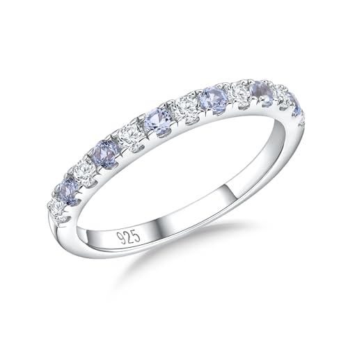 Birthstone Rings Eternity Band 925 Sterling Silver/Yellow Gold-Plated Created Gemstone Stackable Wedding Band 2.7mm Thin Half Eternity Rings for Women Size 6 to 10 - color: 03-Aquamarine-Mar.
