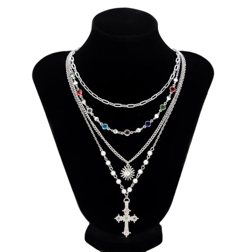 MODRSA Gold Stacked Layered Necklaces for Women Pearl Pendant Charm Cross Lariat Slip Shell Starfish Y Chain Necklace Adjustable Silver Boho Jewelry Gifts for Women Summer Vacation Beach Accessories - color: A2- Layered cross pearl - Silver