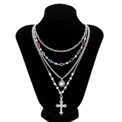 MODRSA Gold Stacked Layered Necklaces for Women Pearl Pendant Charm Cross Lariat Slip Shell Starfish Y Chain Necklace Adjustable Silver Boho Jewelry Gifts for Women Summer Vacation Beach Accessories - color: A2- Layered cross pearl - Silver