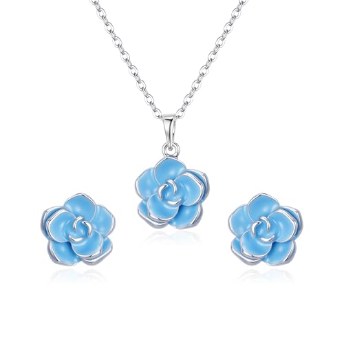 EleQueen Rose Flower Necklace Earrings Bracelet Set for Women - color: Light Blue-Silver-Tone