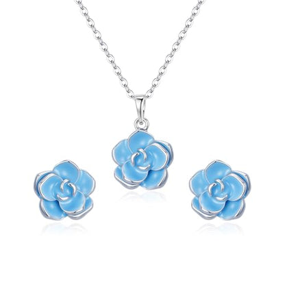 EleQueen Rose Flower Necklace Earrings Bracelet Set for Women - color: Light Blue-Silver-Tone