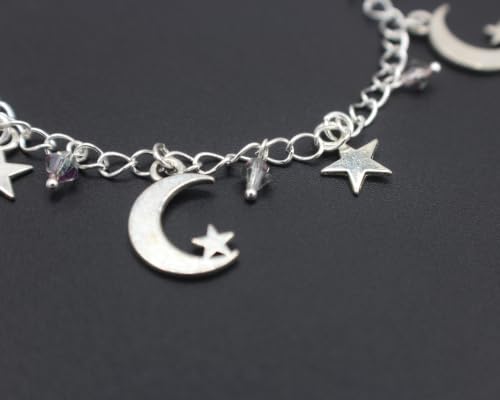 Handmade Moon and Star Charm Bracelet, Silver Plated Celestial Jewelry with Mauve Faceted Glass Beads, 7 Inch
