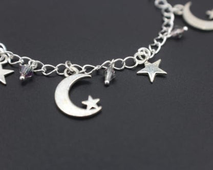 Handmade Moon and Star Charm Bracelet, Silver Plated Celestial Jewelry with Mauve Faceted Glass Beads, 7 Inch