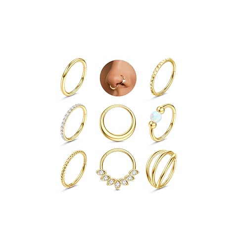 LOLIAS Septum Nose Rings Hoops - 316L Surgical Steel Septum Rings CZ Opal Silver 14K Gold Plated Hoop Nose Ring for Women 16G/18G Clicker Cartilage Earring Conch Daith Nostril Piercing Jewelry 8mm/10mm 8Pcs - color: 14K Gold, size: 16G 10MM
