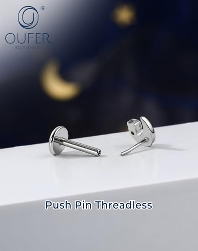 OUFER 18G Moon Cartilage Piercling Jewelry-G23 Titanium Flat Back Push Pin Gold Helix Earrings, Shiny Emerald CZ Tragus Lobe Rook Helix Piercing Jewelry - style: Silver