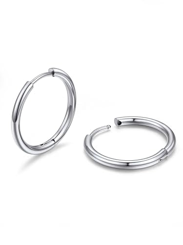 PROSTEEHoop Earrings for Men Women Stainless Steel Silver/Black/14K Gold | Waterproof & Lightweight Sleeper Small Huggie Earring Hypoallergenic Post Cartilage Piercing Jewelry for Mens Dad Gift Box - color: A. Round-Silver, size: 16mm