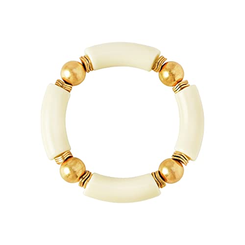 LALAPPLE Gold Plated Beaded Acrylic Bamboo Tube Bangle Bracelets for Women, Colorful Chunky Curved Tube With Gold Plated Pieces Beads Stretch Bracelet Friendship Summer Beach Jewelry - color: A-Ivory