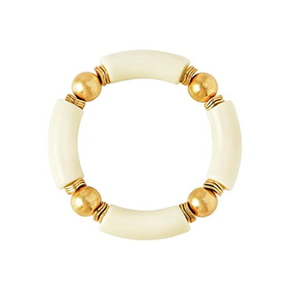 LALAPPLE Gold Plated Beaded Acrylic Bamboo Tube Bangle Bracelets for Women, Colorful Chunky Curved Tube With Gold Plated Pieces Beads Stretch Bracelet Friendship Summer Beach Jewelry - color: A-Ivory