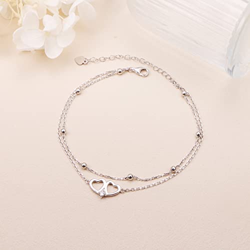 Anklet for Women 925 Sterling Silver Foot Adjustable Ankle Bracelet Jewelry - style: Layered Heart