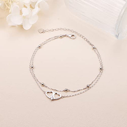 Anklet for Women 925 Sterling Silver Foot Adjustable Ankle Bracelet Jewelry - style: Layered Heart