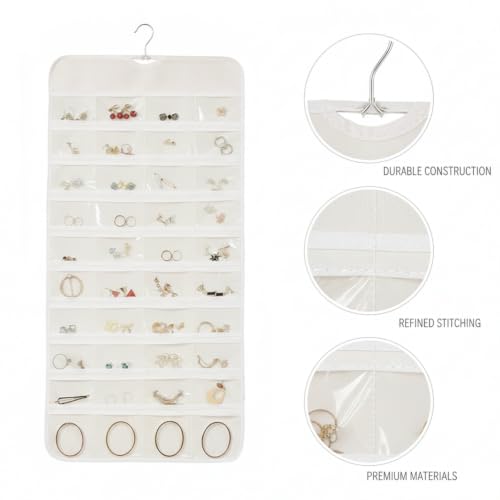 Hanging Jewelry Organizer, Vertical Closet Storage with Clear Pockets for Necklaces and Earrings, Polyester Roll-Up Bag (1 PC) - color: White
