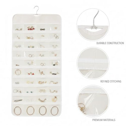 Hanging Jewelry Organizer, Vertical Closet Storage with Clear Pockets for Necklaces and Earrings, Polyester Roll-Up Bag (1 PC) - color: White