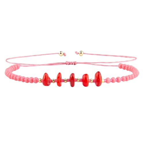 KELITCH Women Natural Stone Beads Anklet Boho Color Beaded Ankle Adjustable Foot Chain Jewelry for Summer Beach Holiday - color: Red 08E