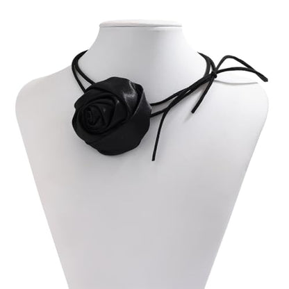 Red Camellia Flower Fabric Choker Necklace for Women Black Rose Floral Rope Statement Necklaces Trendy Costume Outfit Cloth Jewelry Petal Accessories - color: Black